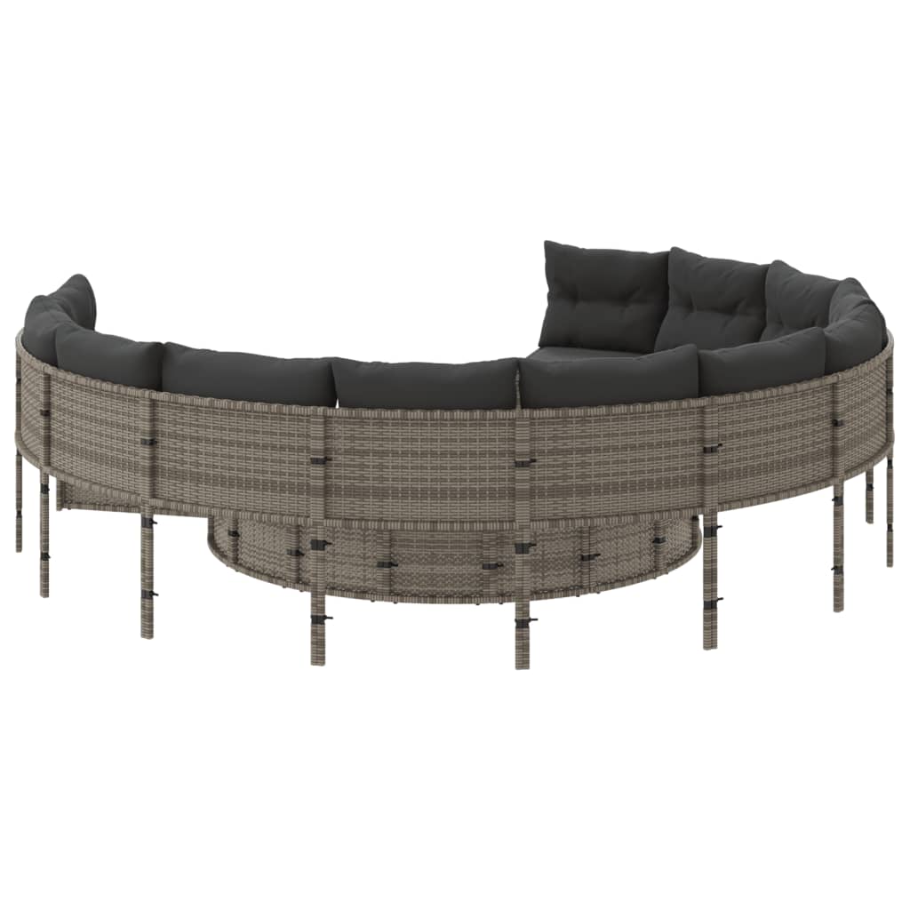 vidaXL Sofa ogrodowa, stolik i poduszki, okrągła, szary polirattan