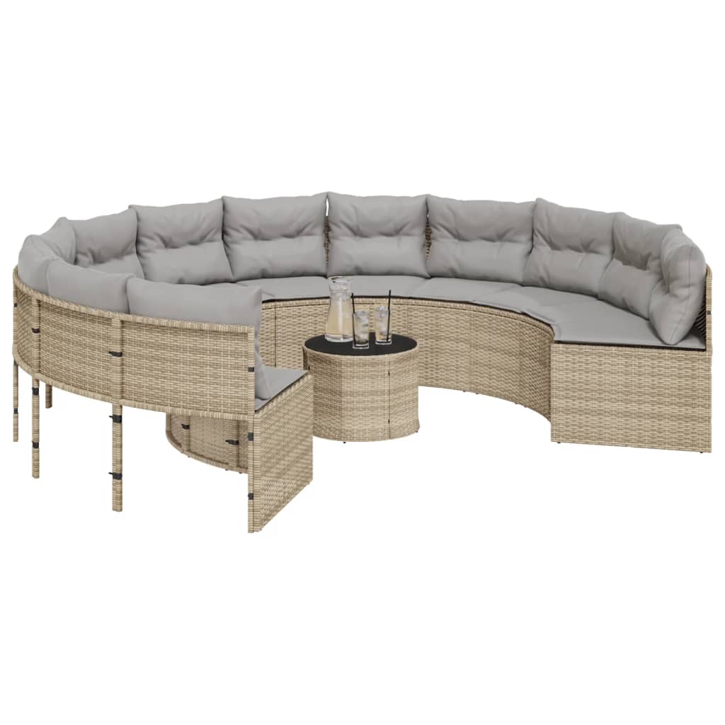 vidaXL Sofa ogrodowa, stolik i poduszki, okrągła, beżowy rattan PE