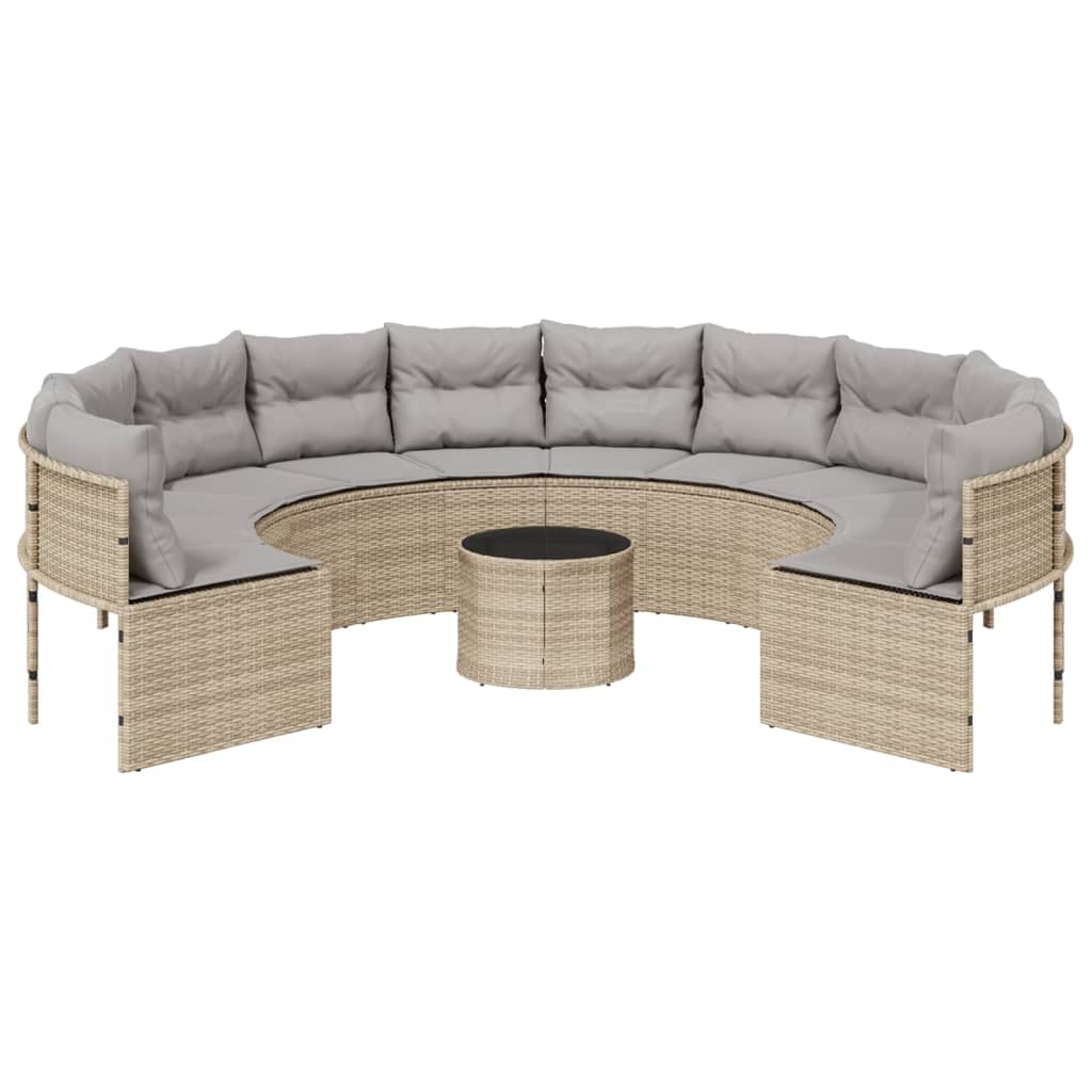 vidaXL Sofa ogrodowa, stolik i poduszki, okrągła, beżowy rattan PE