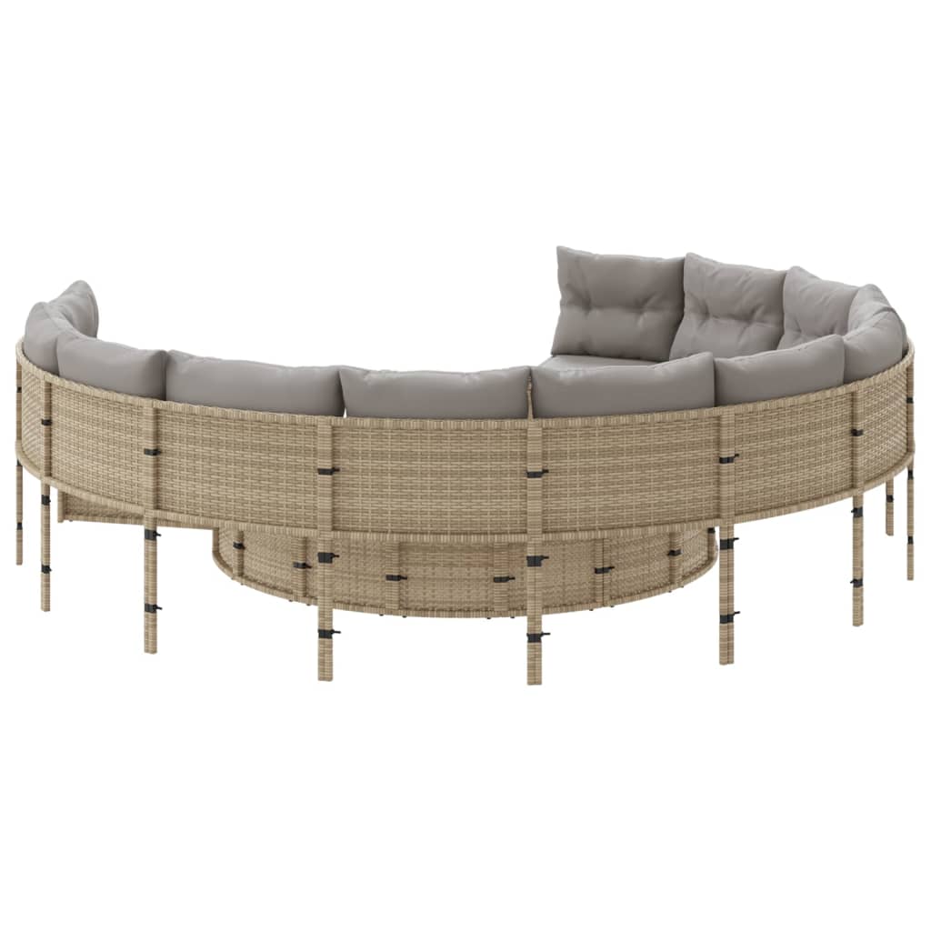 vidaXL Sofa ogrodowa, stolik i poduszki, okrągła, beżowy rattan PE