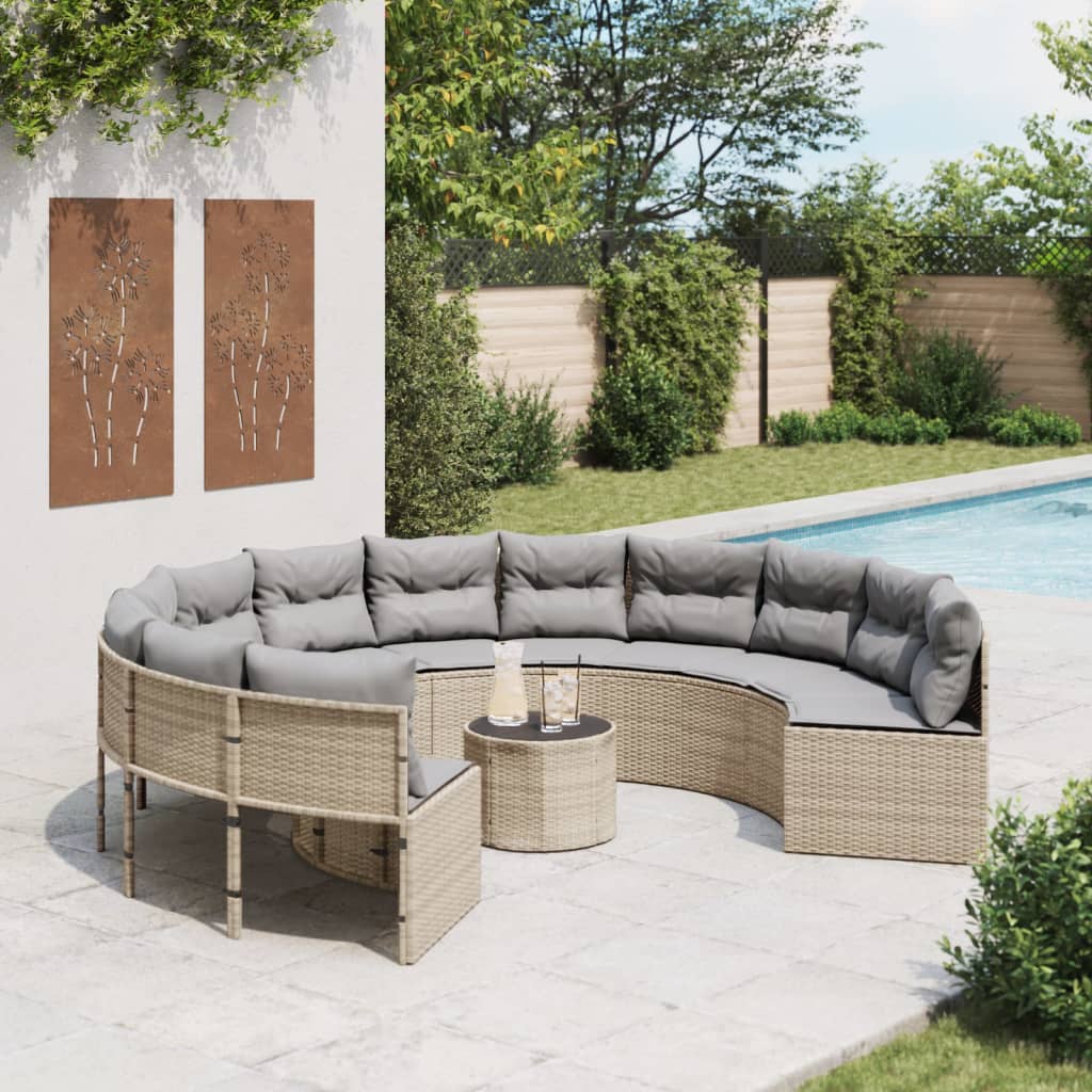 vidaXL Sofa ogrodowa, stolik i poduszki, okrągła, beżowy rattan PE