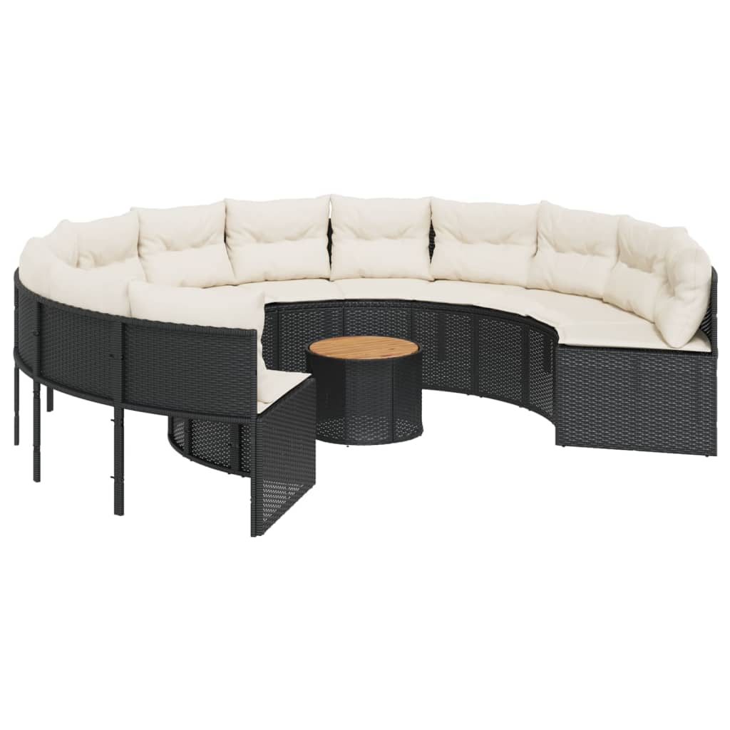 vidaXL Sofa ogrodowa, stolik i poduszki, okrągła, czarny rattan PE