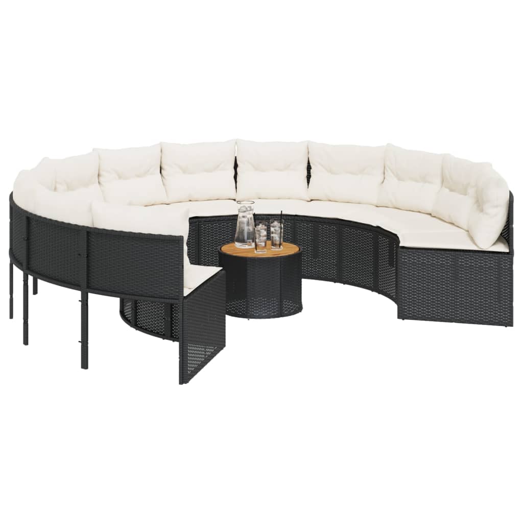 vidaXL Sofa ogrodowa, stolik i poduszki, okrągła, czarny rattan PE