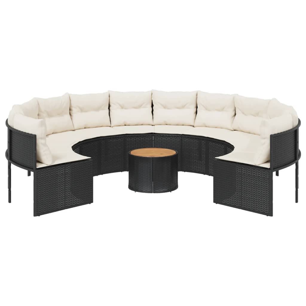 vidaXL Sofa ogrodowa, stolik i poduszki, okrągła, czarny rattan PE