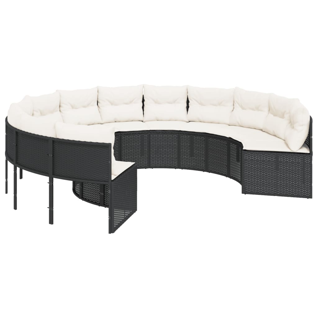 vidaXL Sofa ogrodowa, stolik i poduszki, okrągła, czarny rattan PE