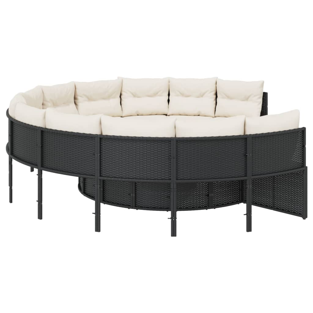 vidaXL Sofa ogrodowa, stolik i poduszki, okrągła, czarny rattan PE
