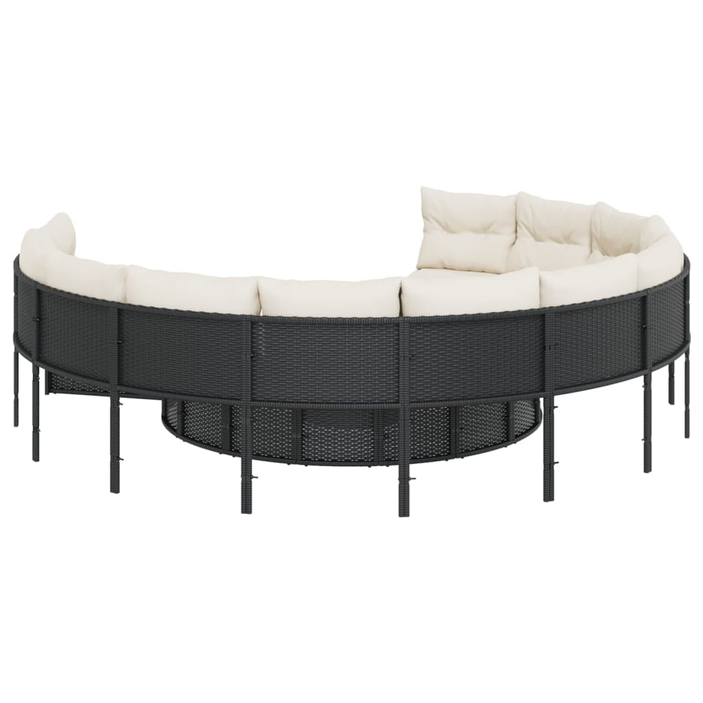 vidaXL Sofa ogrodowa, stolik i poduszki, okrągła, czarny rattan PE
