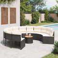 vidaXL Sofa ogrodowa, stolik i poduszki, okrągła, czarny rattan PE