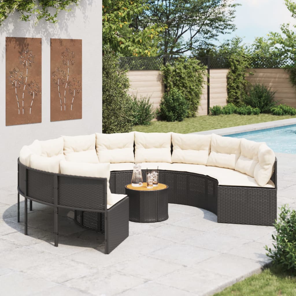 vidaXL Sofa ogrodowa, stolik i poduszki, okrągła, czarny rattan PE
