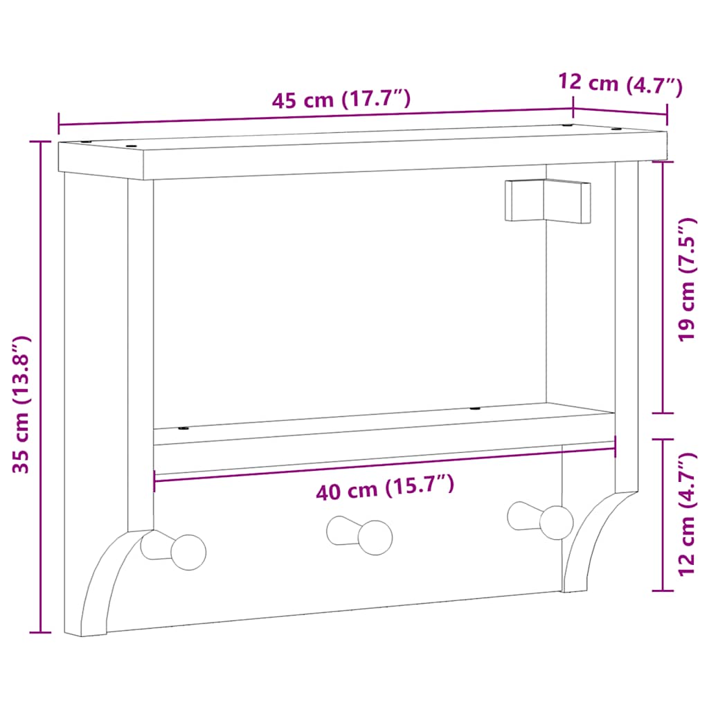 vidaXL Wieszak ścienny na ubrania SANDNES 45x12x35cm Drewno lite Sosna