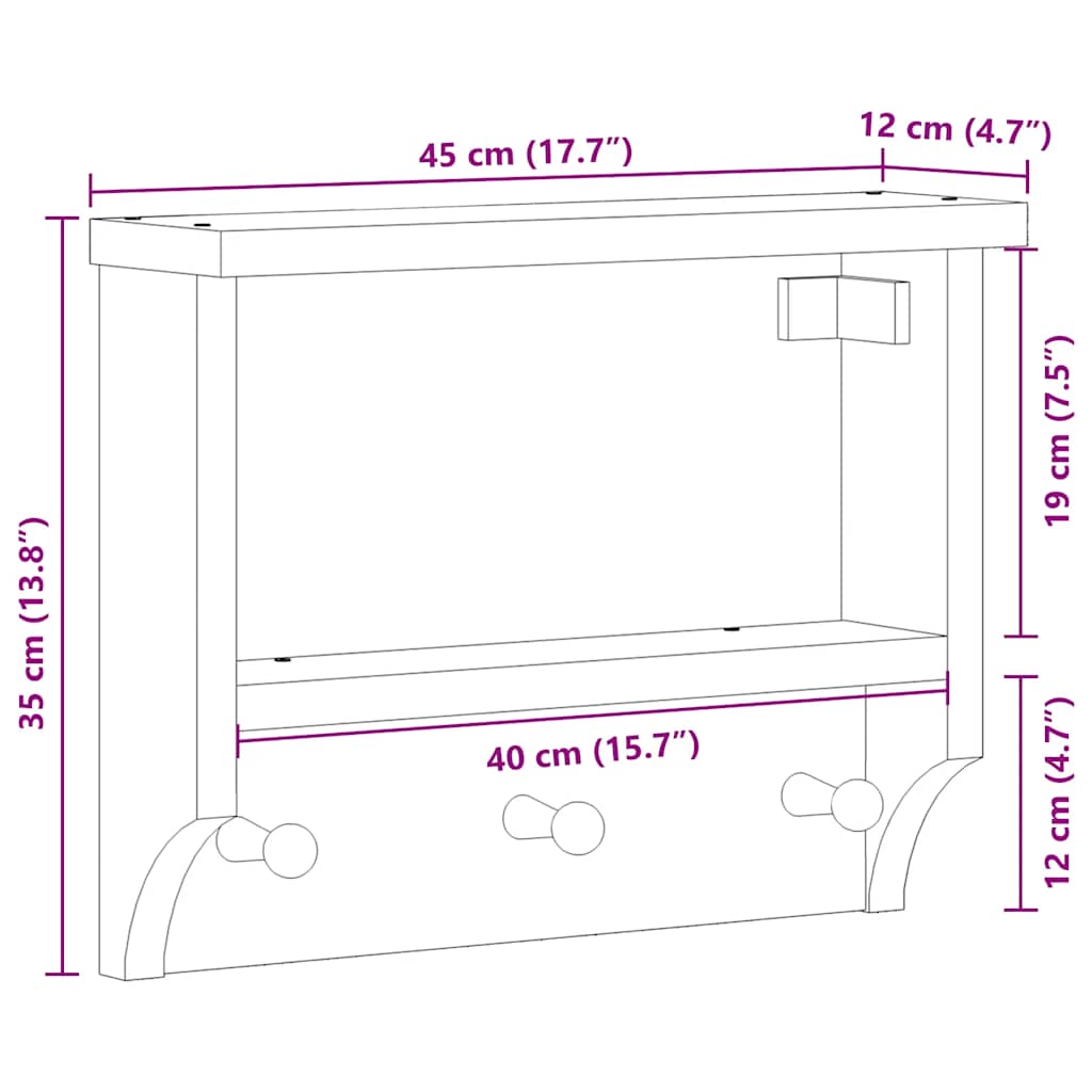 vidaXL Wieszak ścienny na ubrania SANDNES 45x12x35cm Drewno lite Sosna