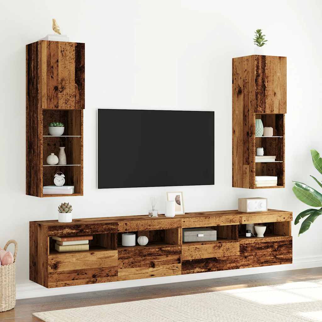 vidaXL Szafki TV, z LED, 2 szt., stare drewno, 30,5x30x102 cm
