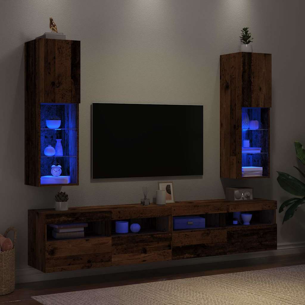 vidaXL Szafki TV, z LED, 2 szt., stare drewno, 30,5x30x102 cm