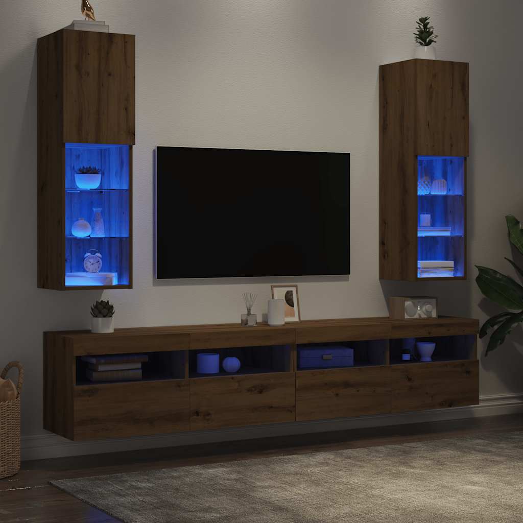 vidaXL Szafki TV, z LED, 2 szt., dąb artisian, 30,5x30x102 cm