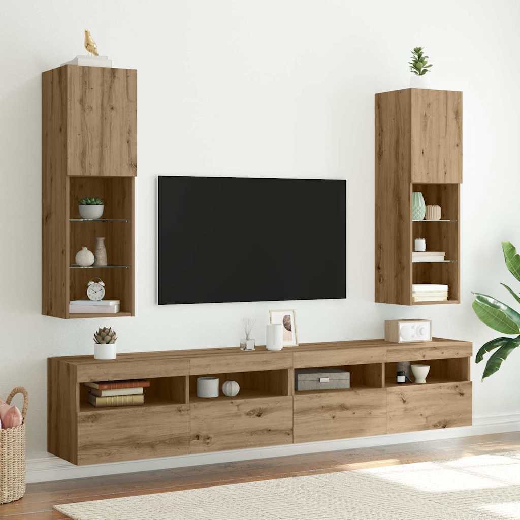 vidaXL Szafki TV, z LED, 2 szt., dąb artisian, 30,5x30x102 cm
