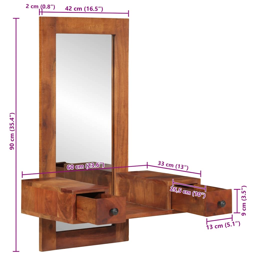 vidaXL Lustro ścienne z szufladami, 60x33x90 cm, lite drewno akacjowe