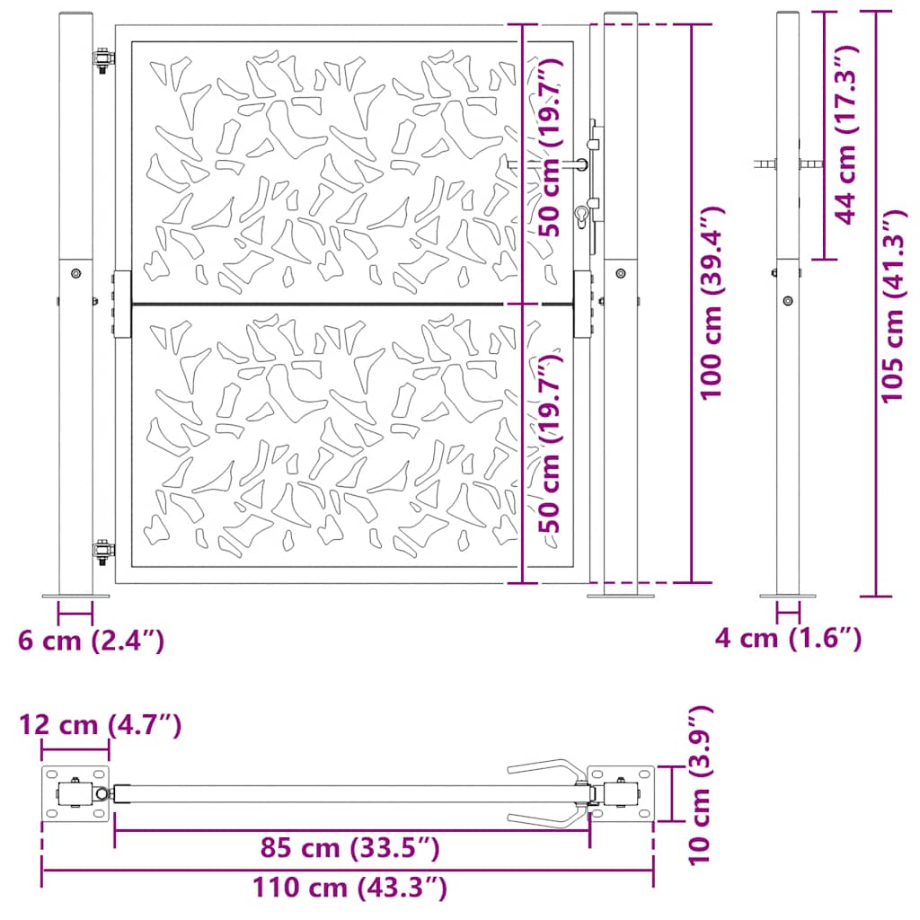 vidaXL Brama ogrodowa czarna 100x100 cm stalowy wzór liścia