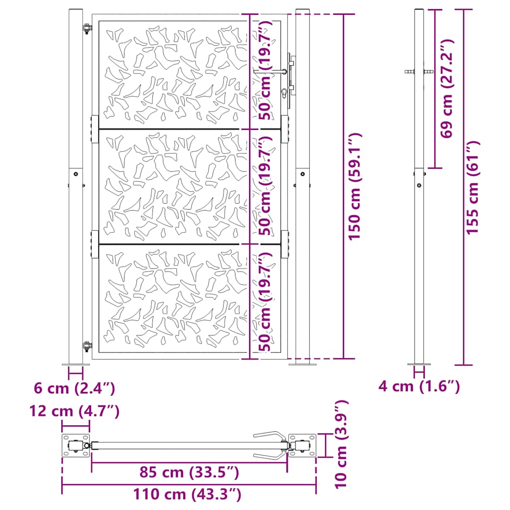 vidaXL Brama ogrodowa czarna 100x150 cm stalowy wzór liścia