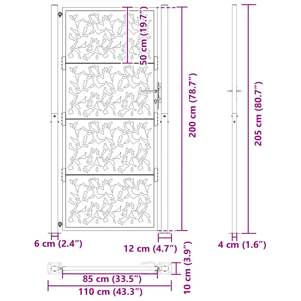 vidaXL Brama ogrodowa czarna 100x200 cm stalowy wzór liścia