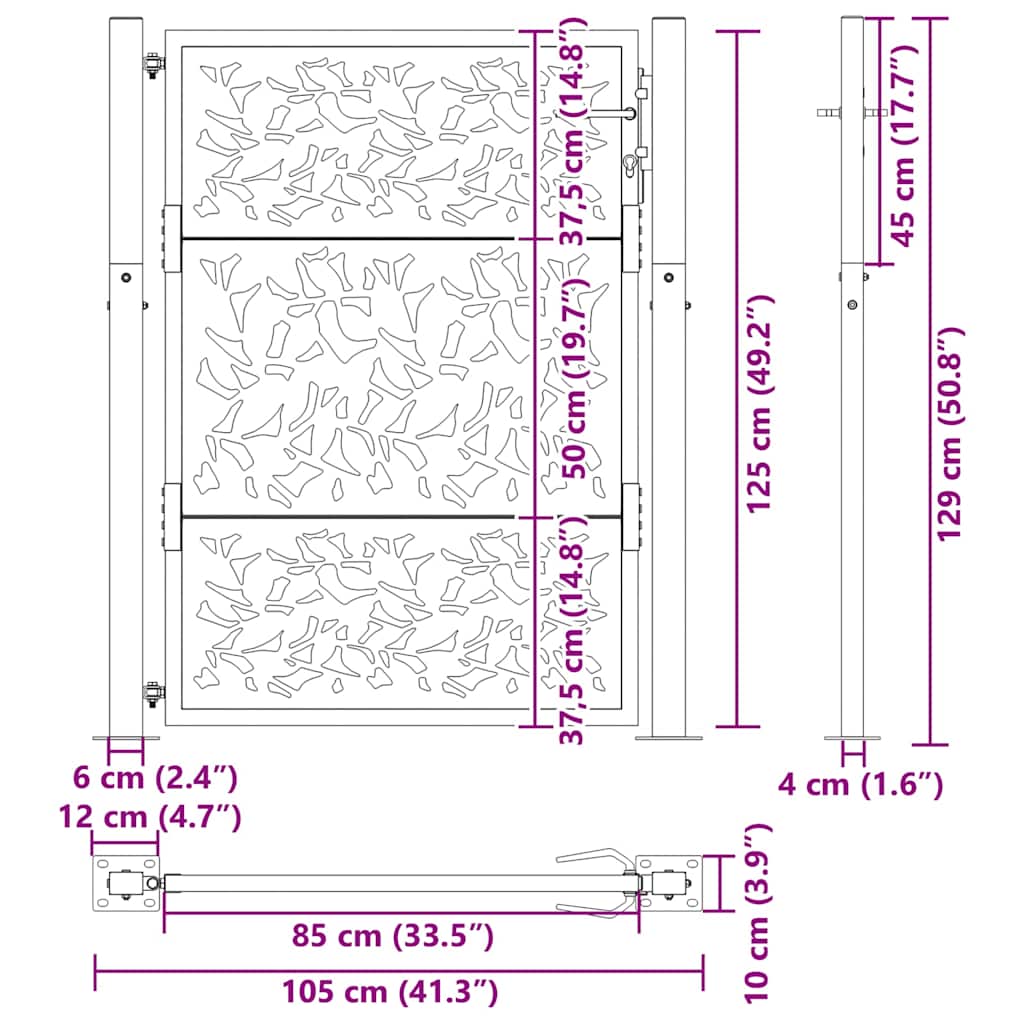 vidaXL Brama ogrodowa 100x125 cm Stal nierdzewna Wzór liścia
