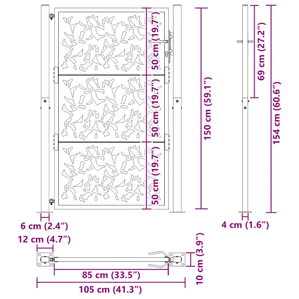 vidaXL Brama ogrodowa 100x150 cm Stal nierdzewna Wzór liścia