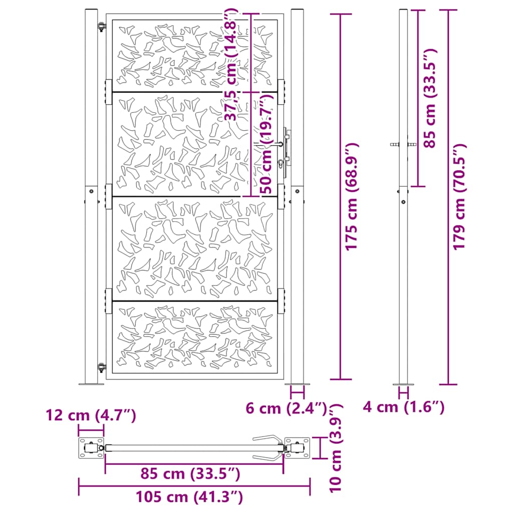 vidaXL Brama ogrodowa 100x175 cm Stal nierdzewna Wzór liścia