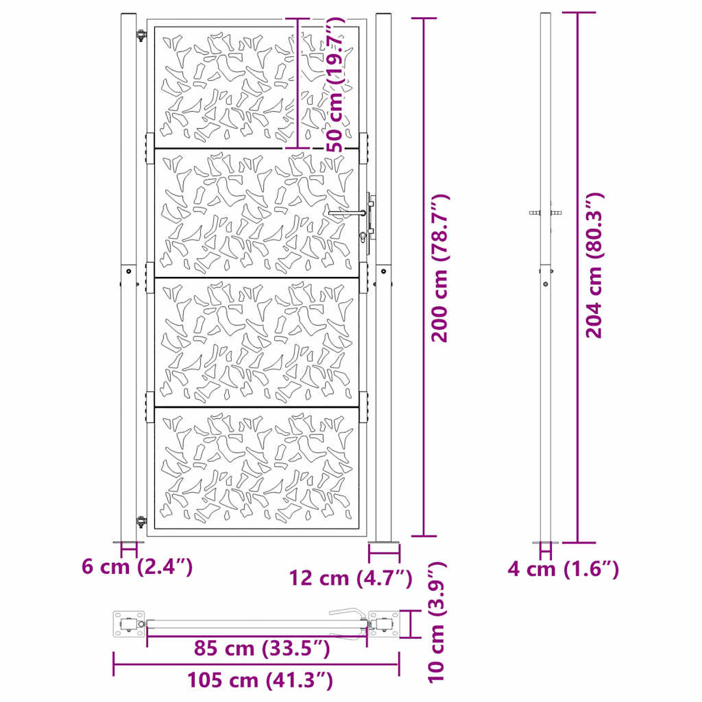 vidaXL Brama ogrodowa 100x200 cm Stal nierdzewna Wzór liścia