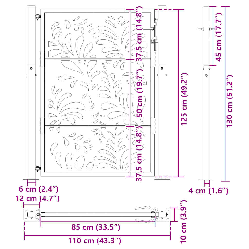 vidaXL Brama ogrodowa czarna 100x125 cm stalowa wzór fali