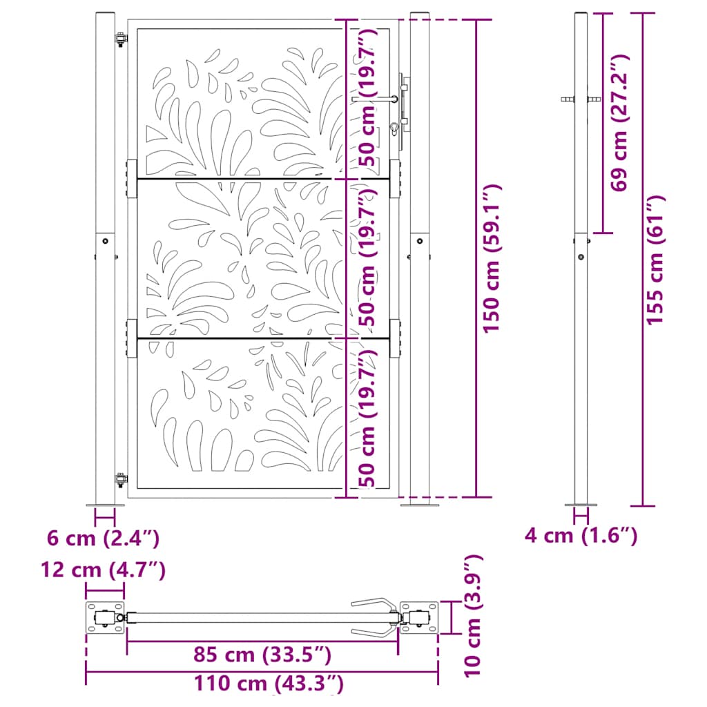 vidaXL Brama ogrodowa czarna 100x150 cm stalowa wzór fali