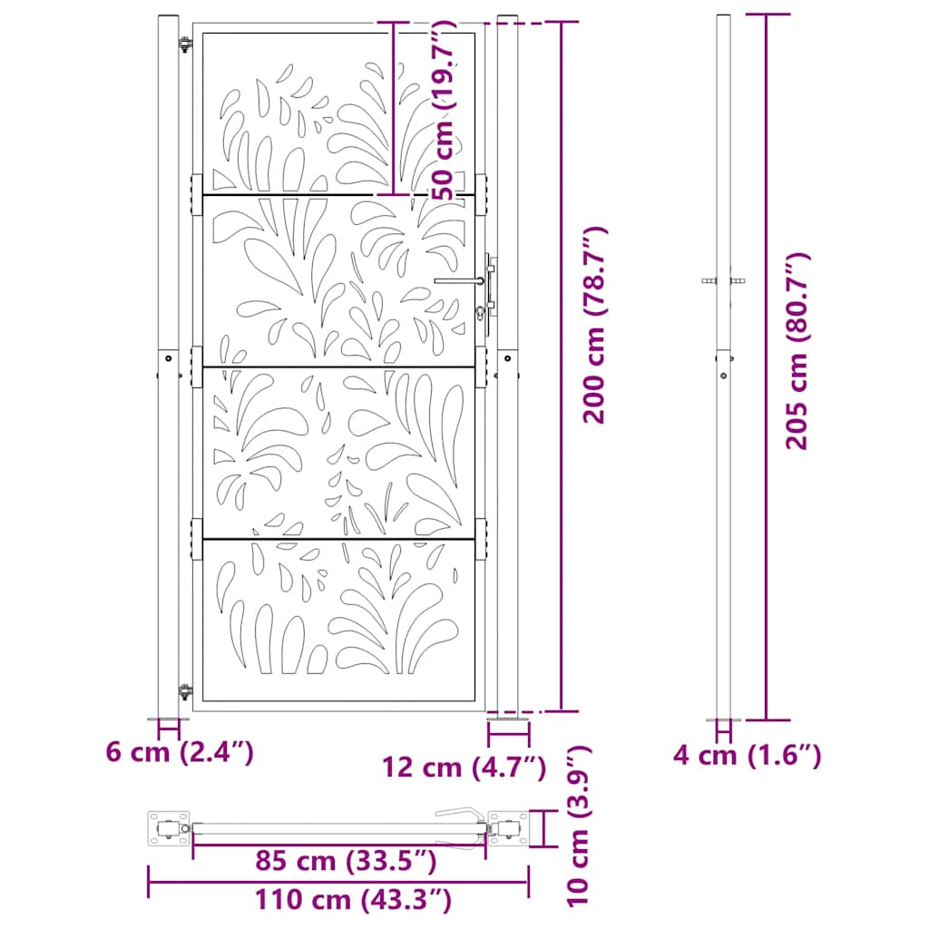 vidaXL Brama ogrodowa czarna 100x200 cm stalowa wzór fali