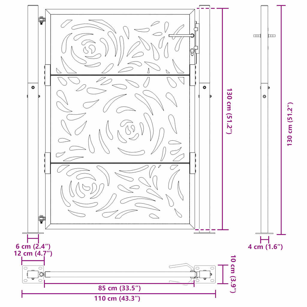 vidaXL Brama ogrodowa czarna 100x125 cm Stalowy wzór płomienia