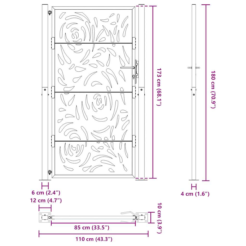 vidaXL Brama ogrodowa czarna 100x175 cm Stalowy wzór płomienia