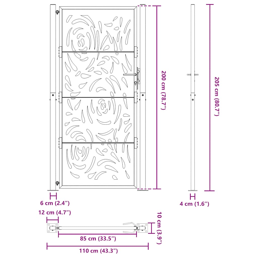 vidaXL Brama ogrodowa czarna 100x200 cm Stalowy wzór płomienia