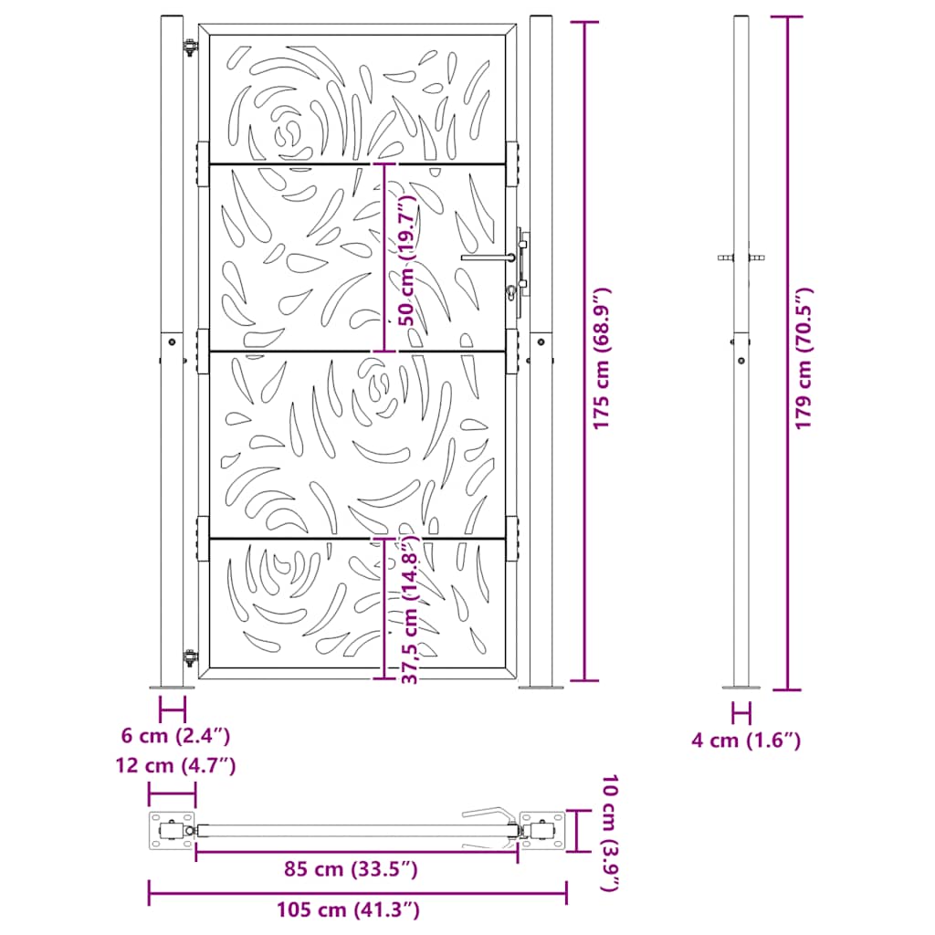 vidaXL Brama ogrodowa 100x175 cm Stal nierdzewna Wzór płomienia