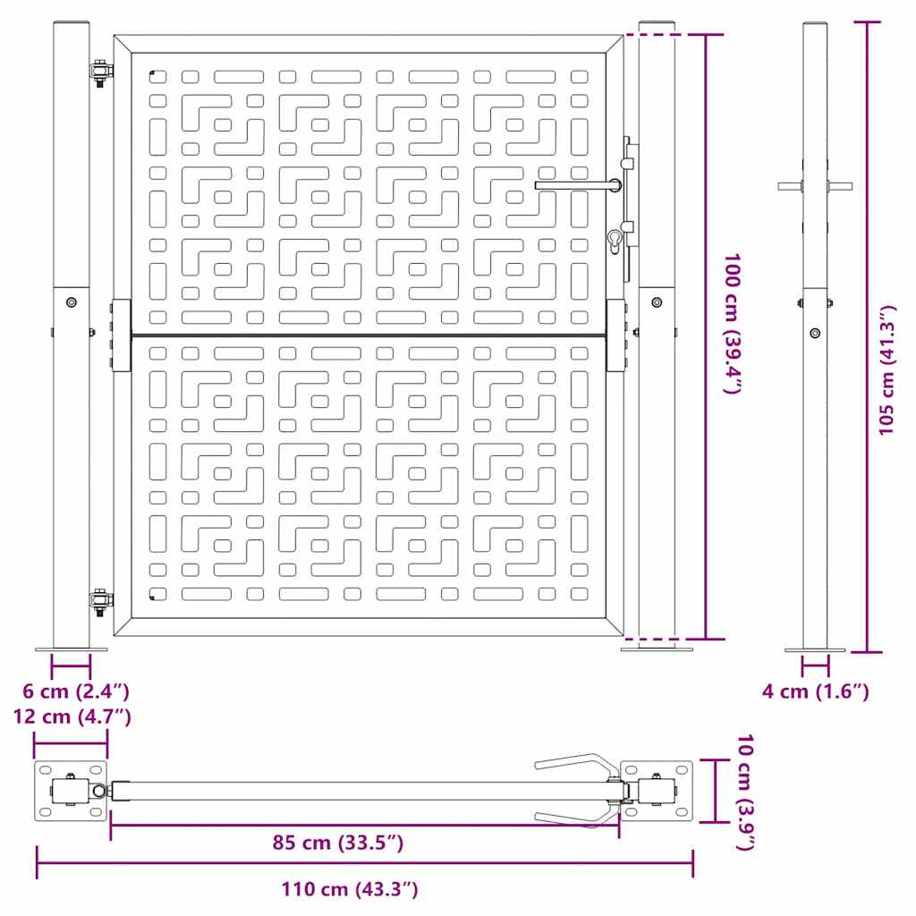 vidaXL Brama ogrodowa czarna 100x100 cm stalowy krzyż wzór