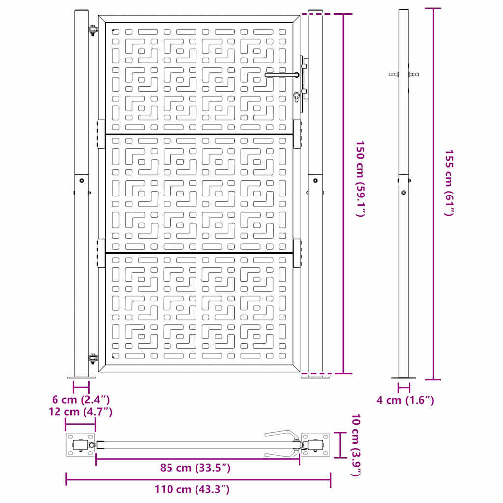 vidaXL Brama ogrodowa czarna 100x150 cm stalowy wzór krzyża