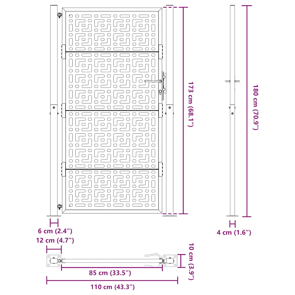 vidaXL Brama ogrodowa czarna 100x175 cm stalowy wzór krzyża
