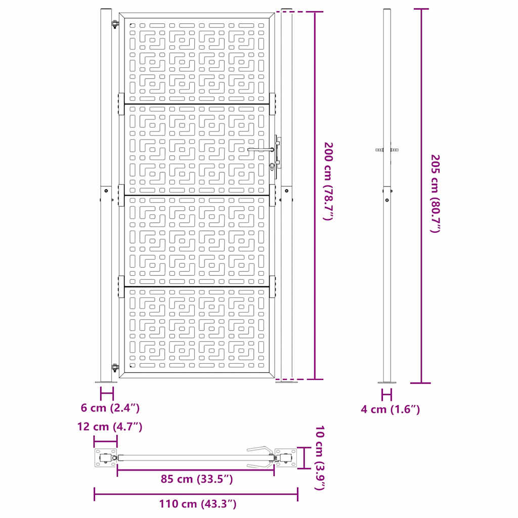 vidaXL Brama ogrodowa czarna 100x200 cm stalowy wzór krzyża