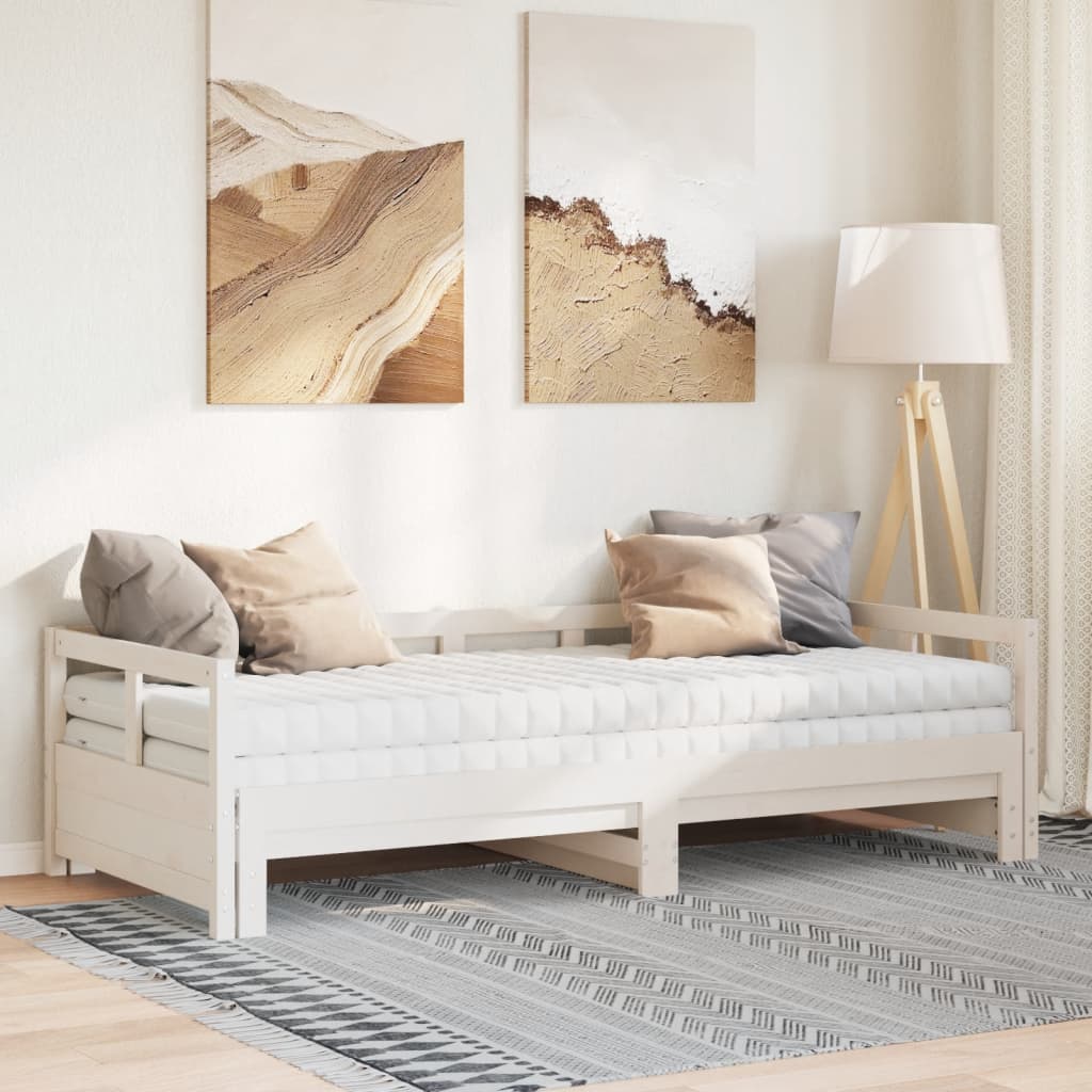 vidaXL Łóżko dzienne, rozsuwane, z materacem, białe, 90x200 cm, sosna