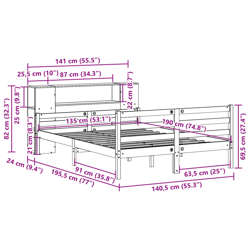 vidaXL Łóżko z regałem, bez materaca, białe, 135x190 cm, sosnowe
