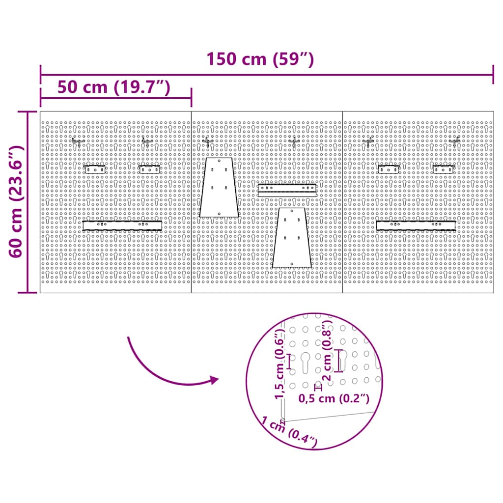 vidaXL Panel Narzędziowy 3 szt. Szary 150 x 1 x 60 cm