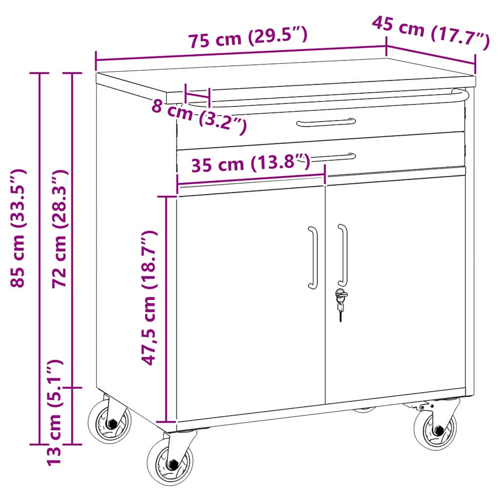 vidaXL Wózek roboczy na kółkach z kołem Czarny i szary 75 x 45 x 85 cm