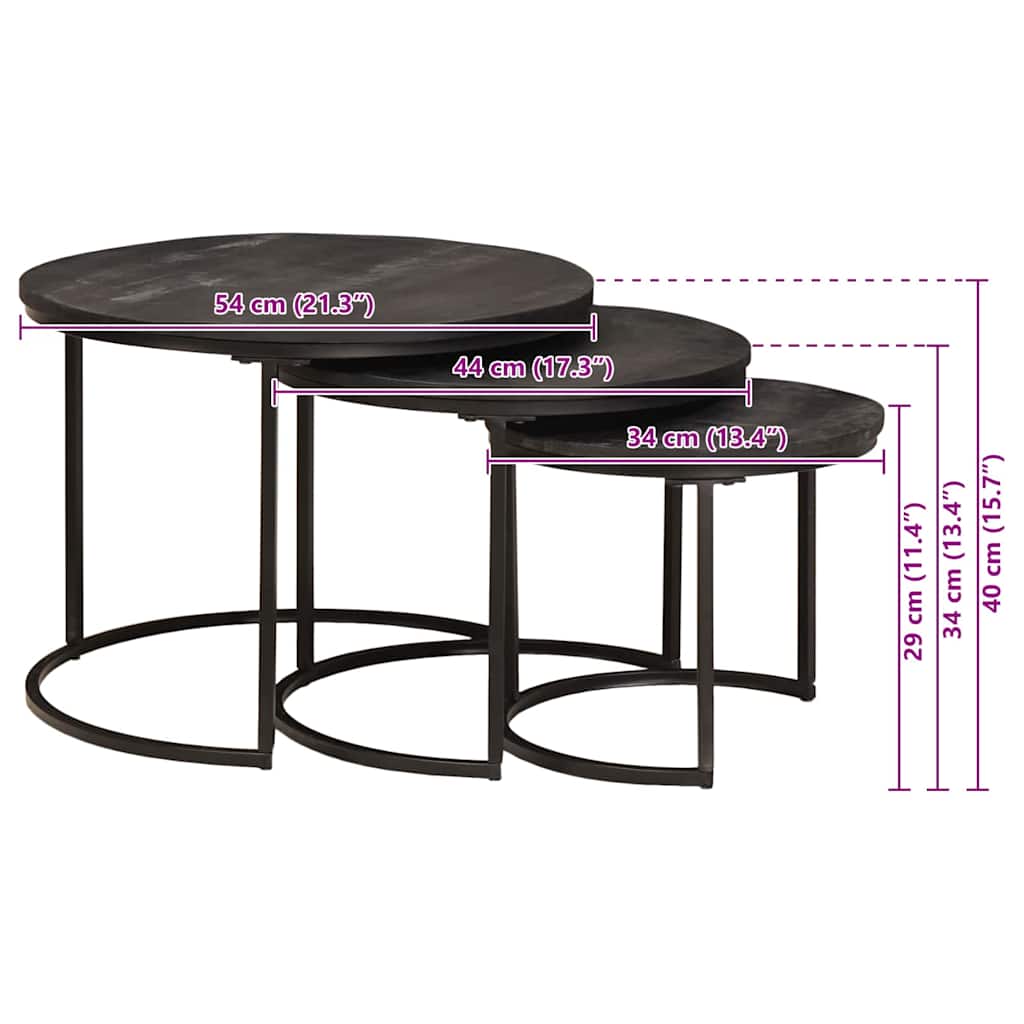 vidaXL Nesting Stoły Kawowe 3 pcs Czarny Lite drewno mango i stal