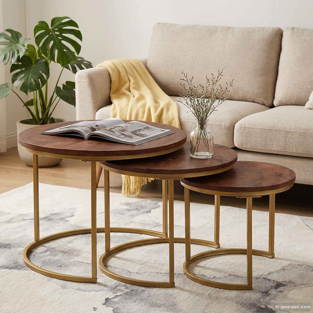 vidaXL Nesting Stoły Kawowe 3 pcs Ciemny brąz Lite drewno mango i stal