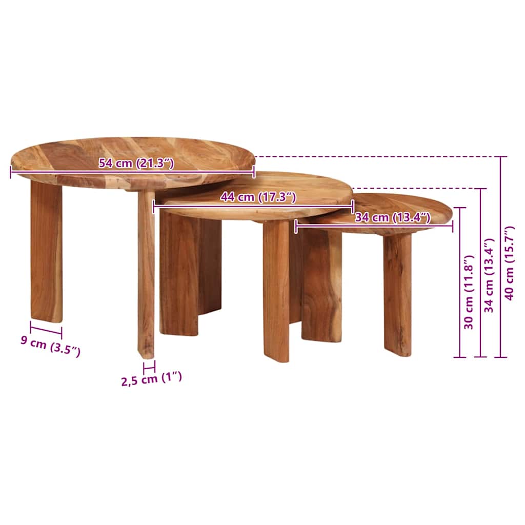 vidaXL Nesting Stoły Kawowe 3 pcs Brązowy Lite Drewno Akacji
