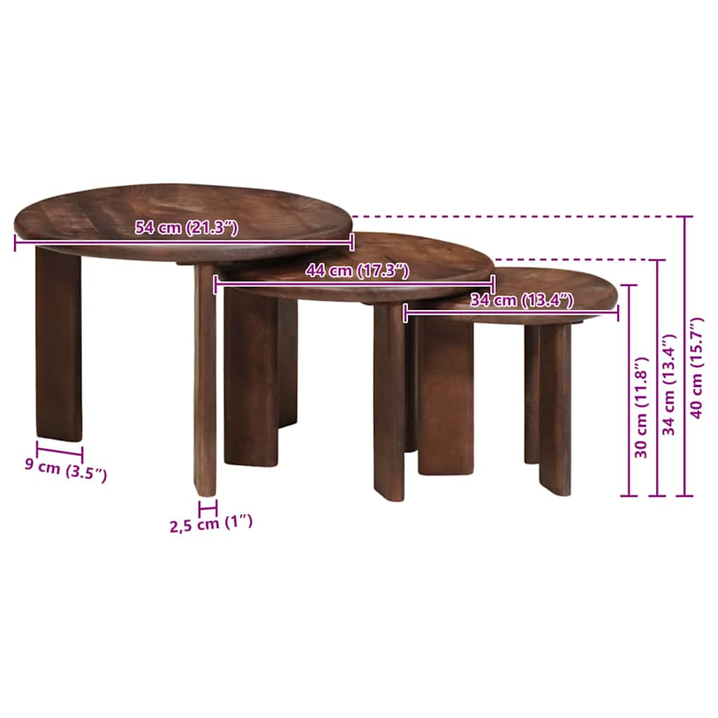 vidaXL Nesting Stoły Kawowe 3 pcs Ciemny brąz Drewno z mango