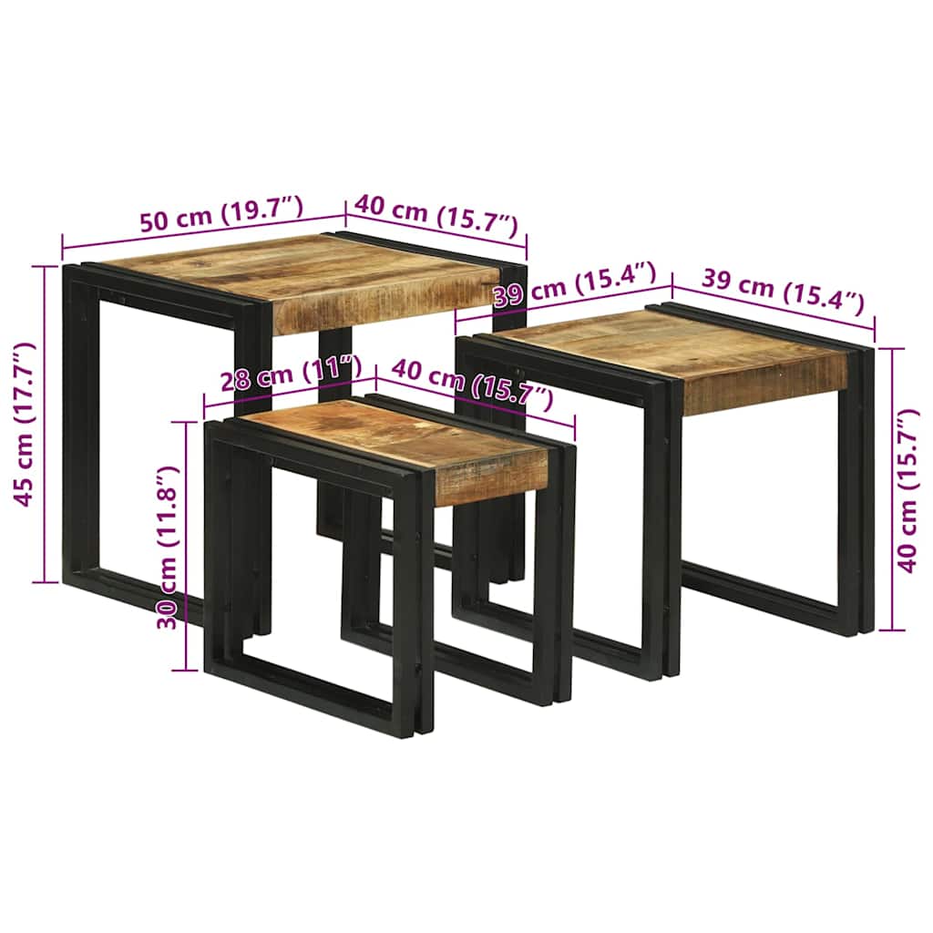 vidaXL Stolik Nesting 3 pcs Brązowy i czarny Lite drewno mango i metal