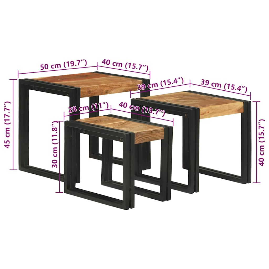 vidaXL Stolik Nesting 3 pcs Lite drewno akacjowe i metal