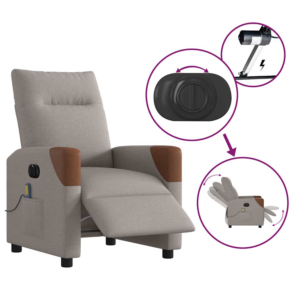 vidaXL Rozkładany fotel masujący, elektryczny, kolor taupe, tkanina