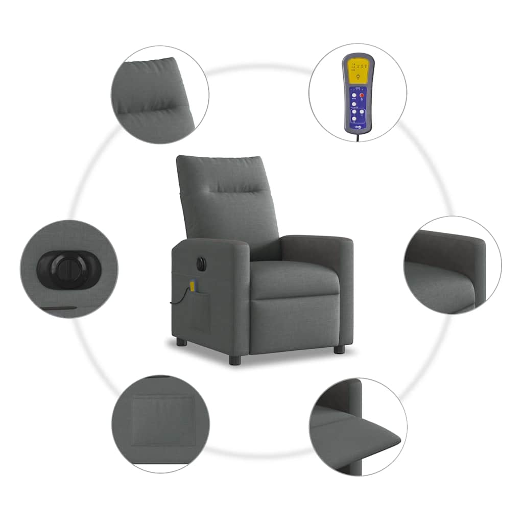 vidaXL Rozkładany fotel masujący, elektryczny, ciemnoszary, tkanina